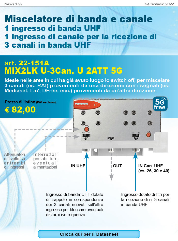 Nuovo miscelatore TV per esterno ideale nella aree in cui ha già avuto luogo lo switch-off, per miscelare 3 canali (es. RAI) ricevuti da una direzione con i segnali (es. Mediaset, La7, DFree, ecc.) provenienti da un'altra direzione.