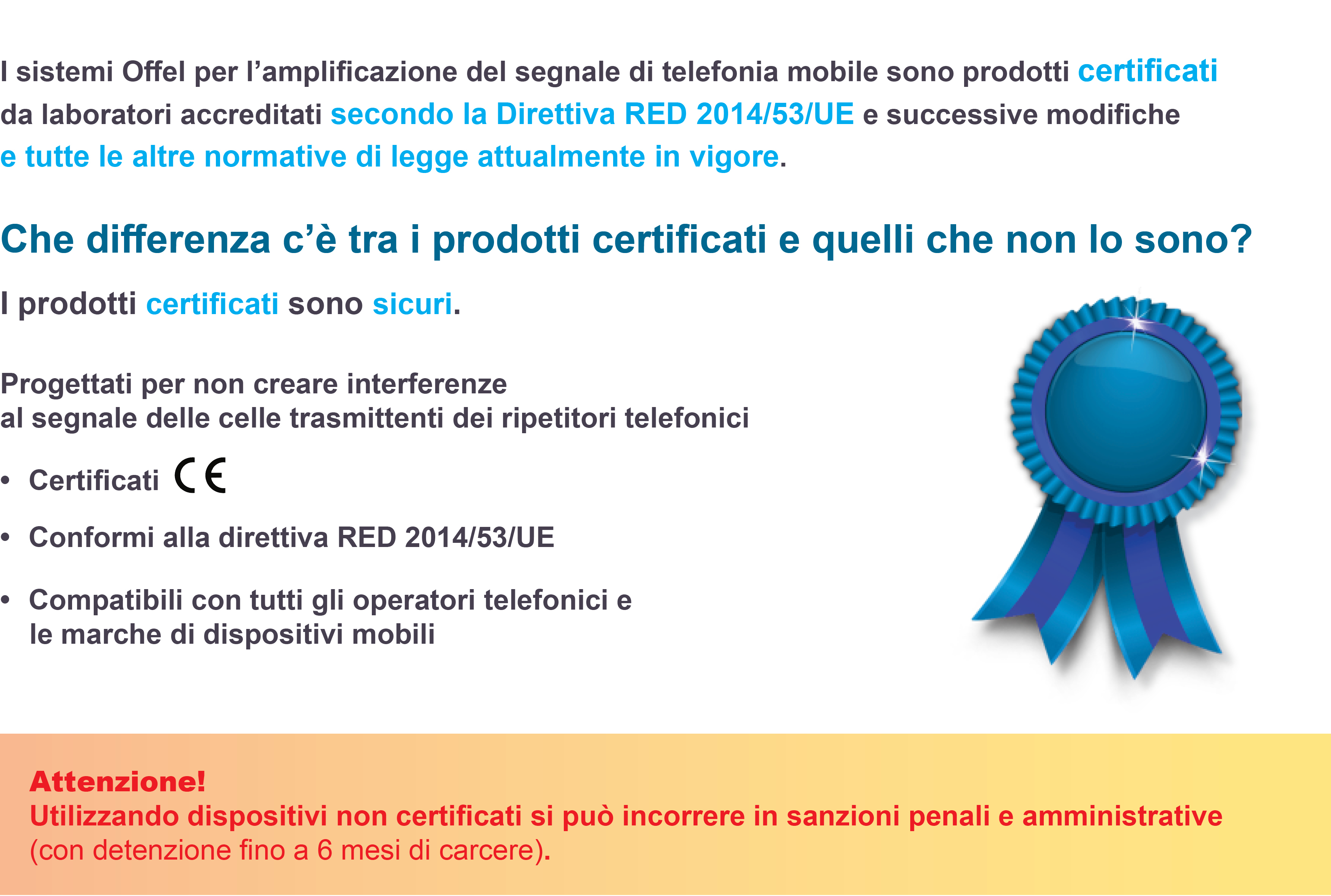 I sistemi Offel per l’amplificazione del segnale di telefonia mobile sono prodotti certificati  da laboratori accreditati secondo la Direttiva RED 2014/53/UE e successive modifiche  e tutte le altre normative di legge attualmente in vigore. Utilizzando dispositivi non certificati si può incorrere in sanzioni penali e amministrative (con detenzione fino a 6 mesi di carcere).