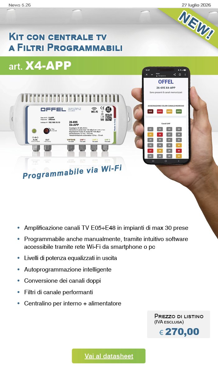 E' disponibile un nuovo modello di centrale a filtri programmabili Made in Italy. La particolarit&agrave; dell'art. 26-695 X4-APP &egrave; che si programma tramite software accessibile via Wi-Fi.