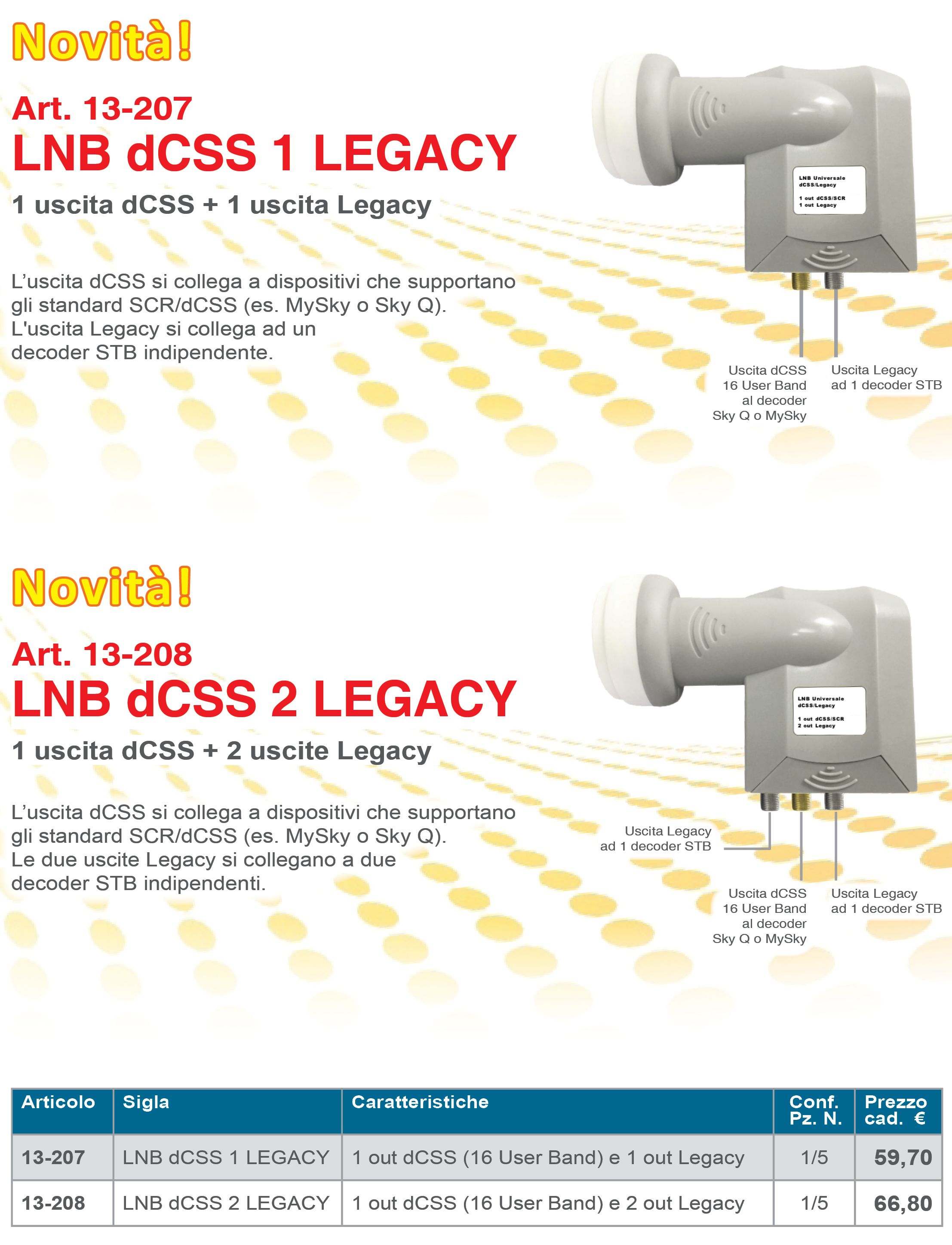 Art. 13-207 LNB dCSS 1 LEGACY 1 uscita dCSS + 1 uscita Legacy e Art. 13-208 LNB dCSS 2 LEGACY 1 uscita dCSS + 2 uscite Legacy