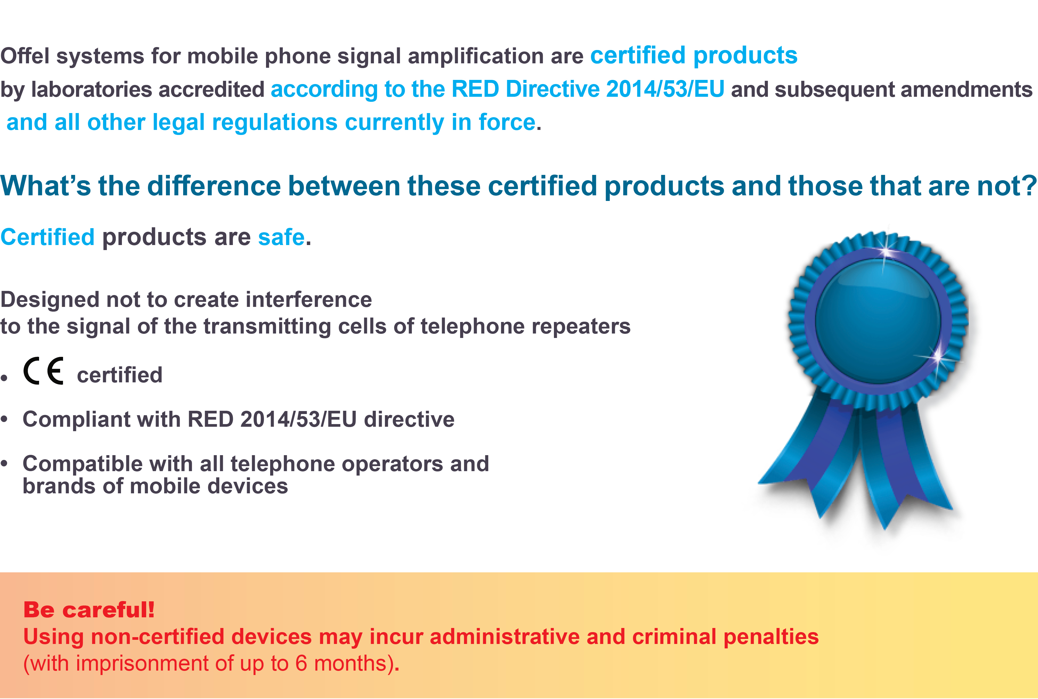 Offel systems for mobile phone signal amplification are certified products  by laboratories accredited according to the RED Directive 2014/53/EU and subsequent amendments  and all other legal regulations currently in force.  What is the difference between these certified products and those that are not?   Certified products are safe. Designed not to create interference to the signal of the transmitting cells of telephone repeaters  CE certified  Compliant with RED 2014/53/EU directive  Compatible with all telephone operators and brands of mobile devices  Be careful! Using non-certified devices may incur administrative and criminal penalties  (with imprisonment of up to 6 months).